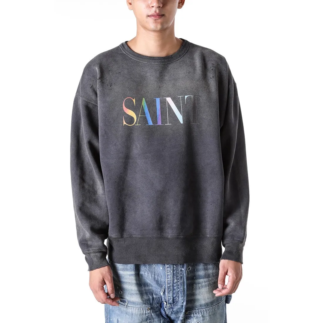 SAINT Mxxxxxx CREW NECK SWT SHIRTS 'RAINBOW SNT'/BLK Rainbow SAINT destruction sweatshirt, washed black S-XL Assute dyeing, genuine whole garment sprayed with horsetail fading process, collar/cuffs frayed in many places, front and rear panels/sleeves super complicated hanging grinding, heavy washing and water discoloration, correct fruit mark/angel mark